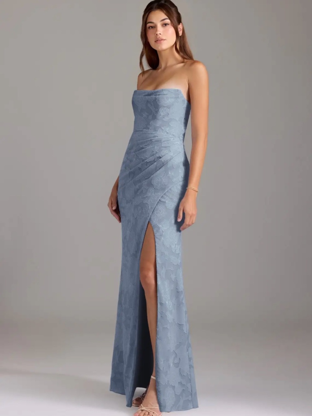 Azazie Strapless Dusty Blue Lace Gown with Thigh Slit